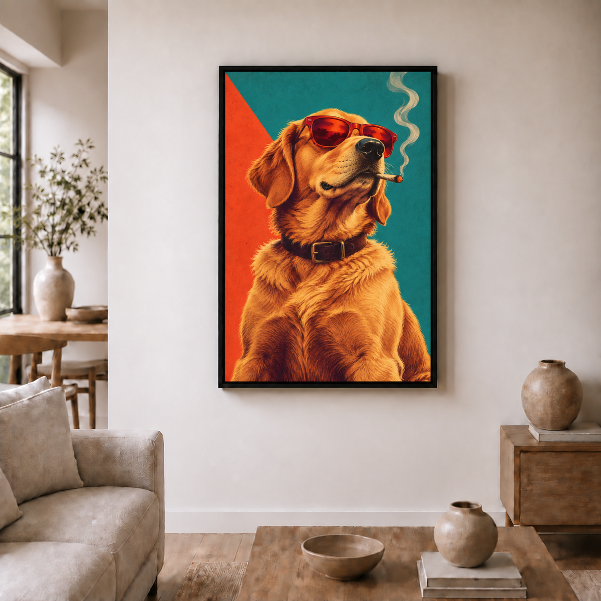 cool golden dog wearing sunglasses in black frame room scene