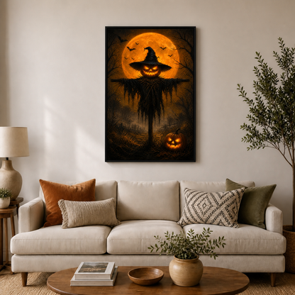 Angry Pumpkin Scarecrow Halloween Canvas Wall Art - Black Frame wall scene primary