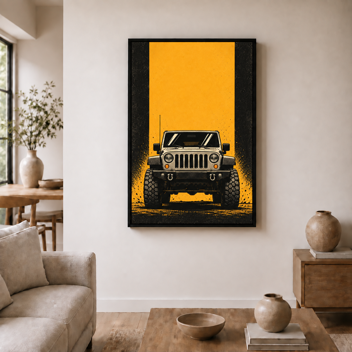 front-view retro off-road SUV in black frame room scene