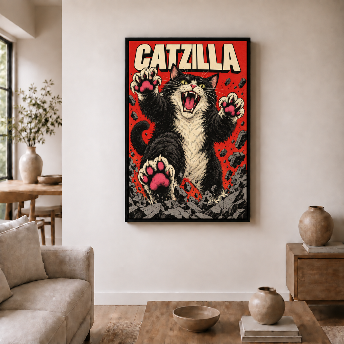 CATZILLA cat kaiju in comic city scene in black frame room scene