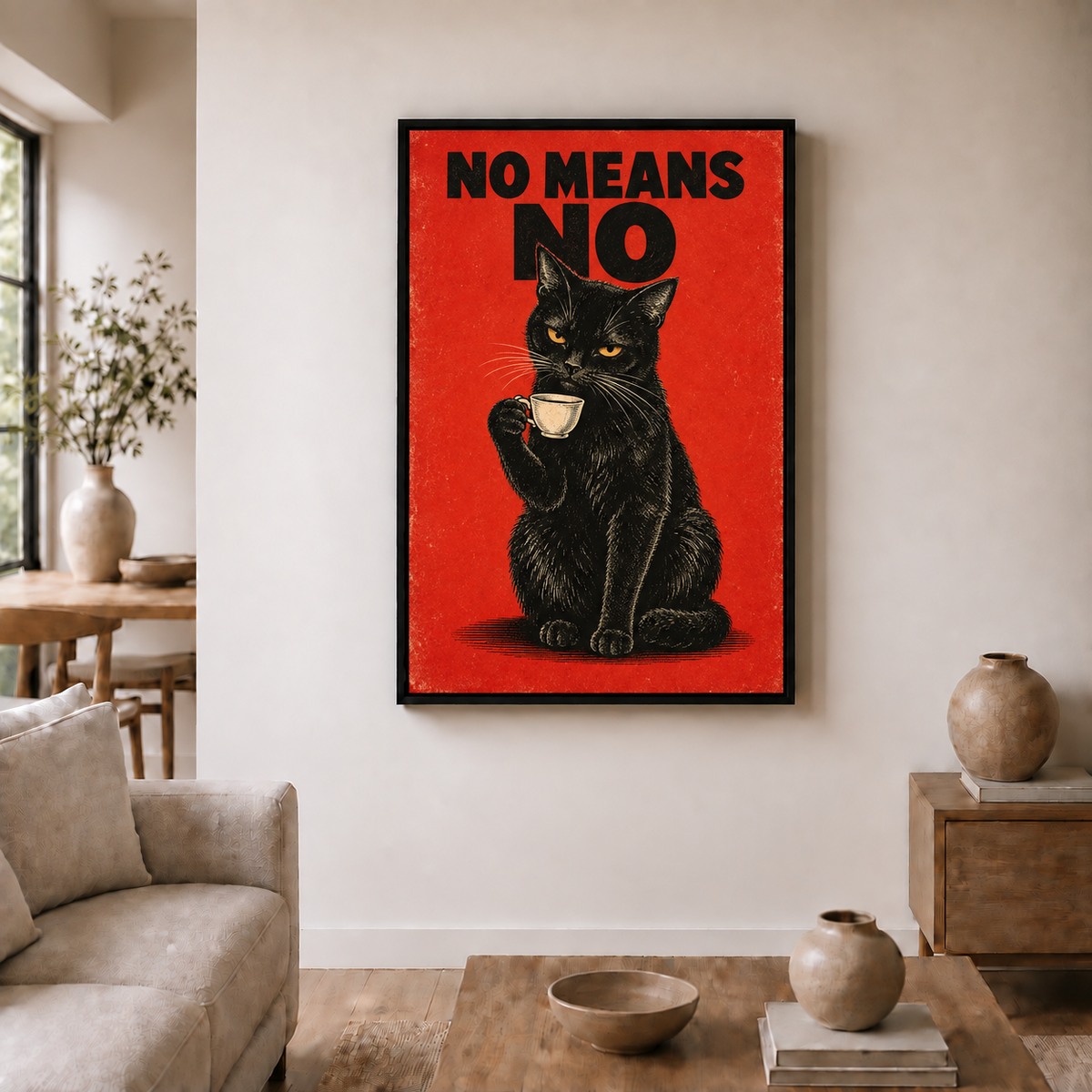 NO MEANS NO black cat artwork in black frame room scene