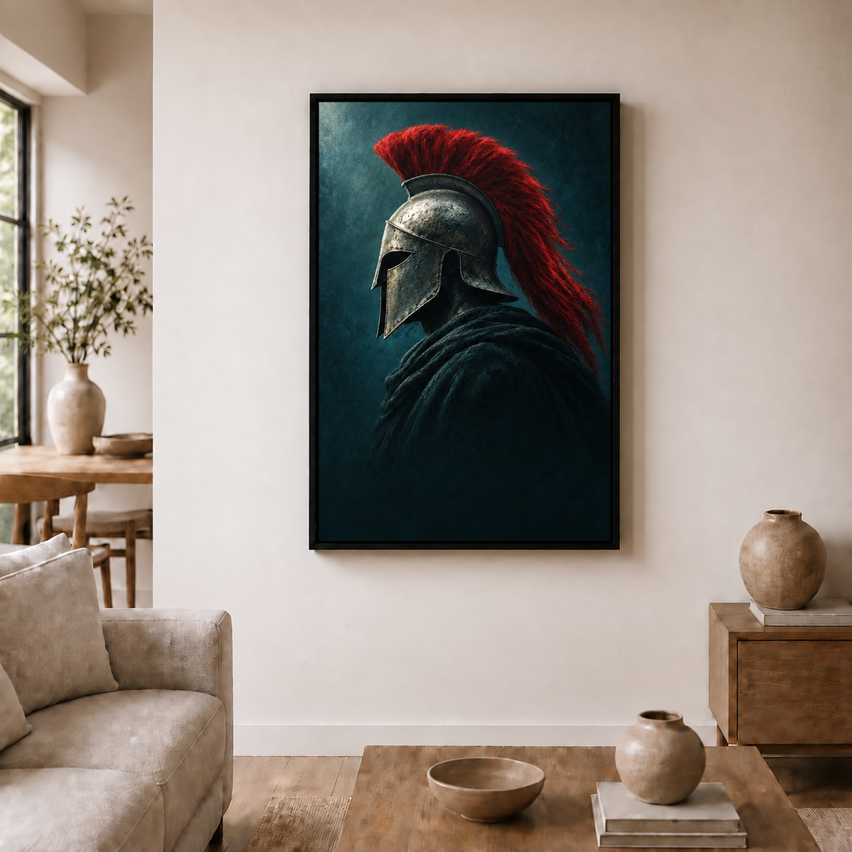 silver helmet warrior with red crest in black frame room scene