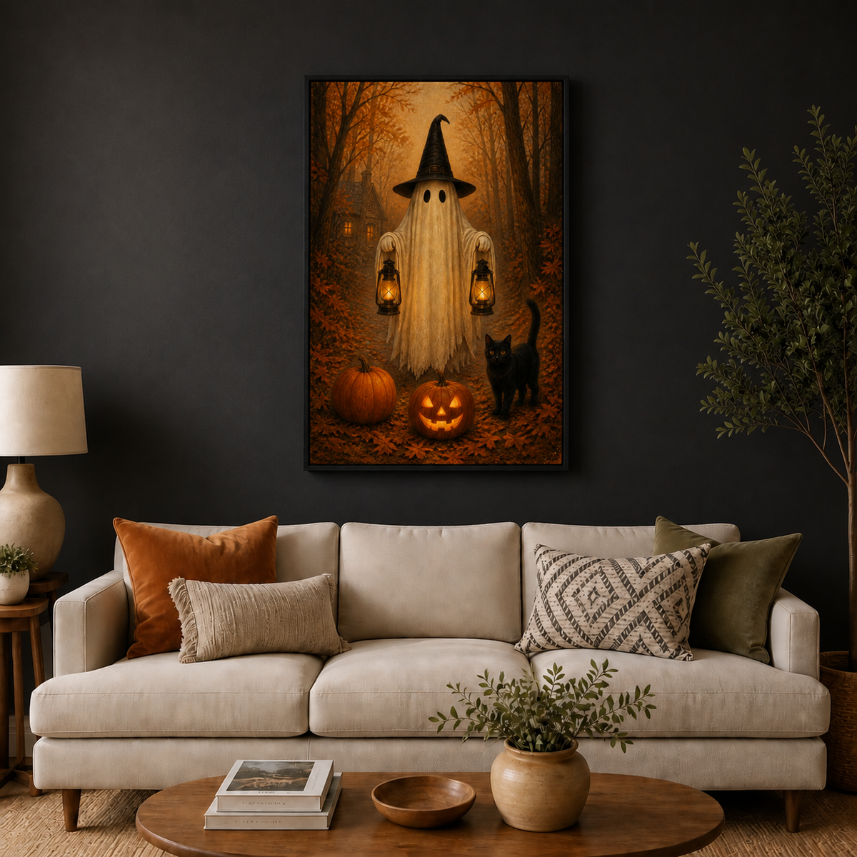 Ghost Lanterns and Black Cat Halloween Canvas Wall Art - Black Frame wall scene primary