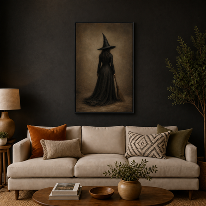 Lone Witch with Broom Dark Fantasy Canvas Wall Art - Black Frame wall scene primary