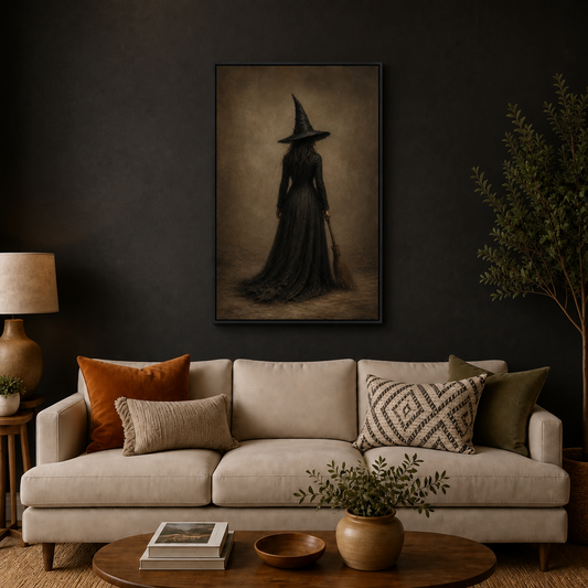 Lone Witch with Broom Dark Fantasy Canvas Wall Art - Black Frame wall scene primary