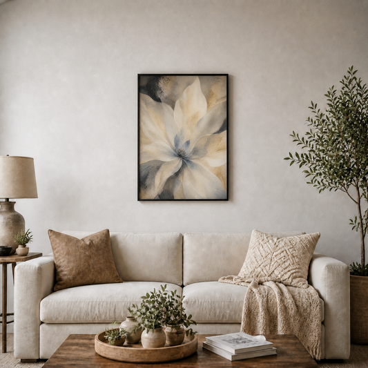 Neutral Abstract Flower Floating Frame Wall Art - Black Frame wall scene primary