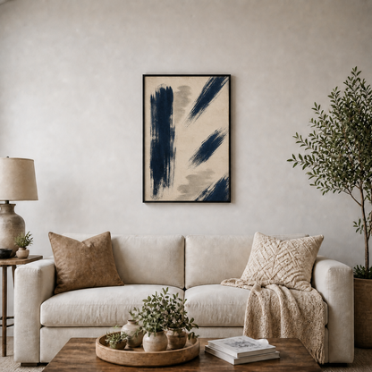Navy Dry Brush Abstract Floating Frame Wall Art - Black Frame wall scene primary