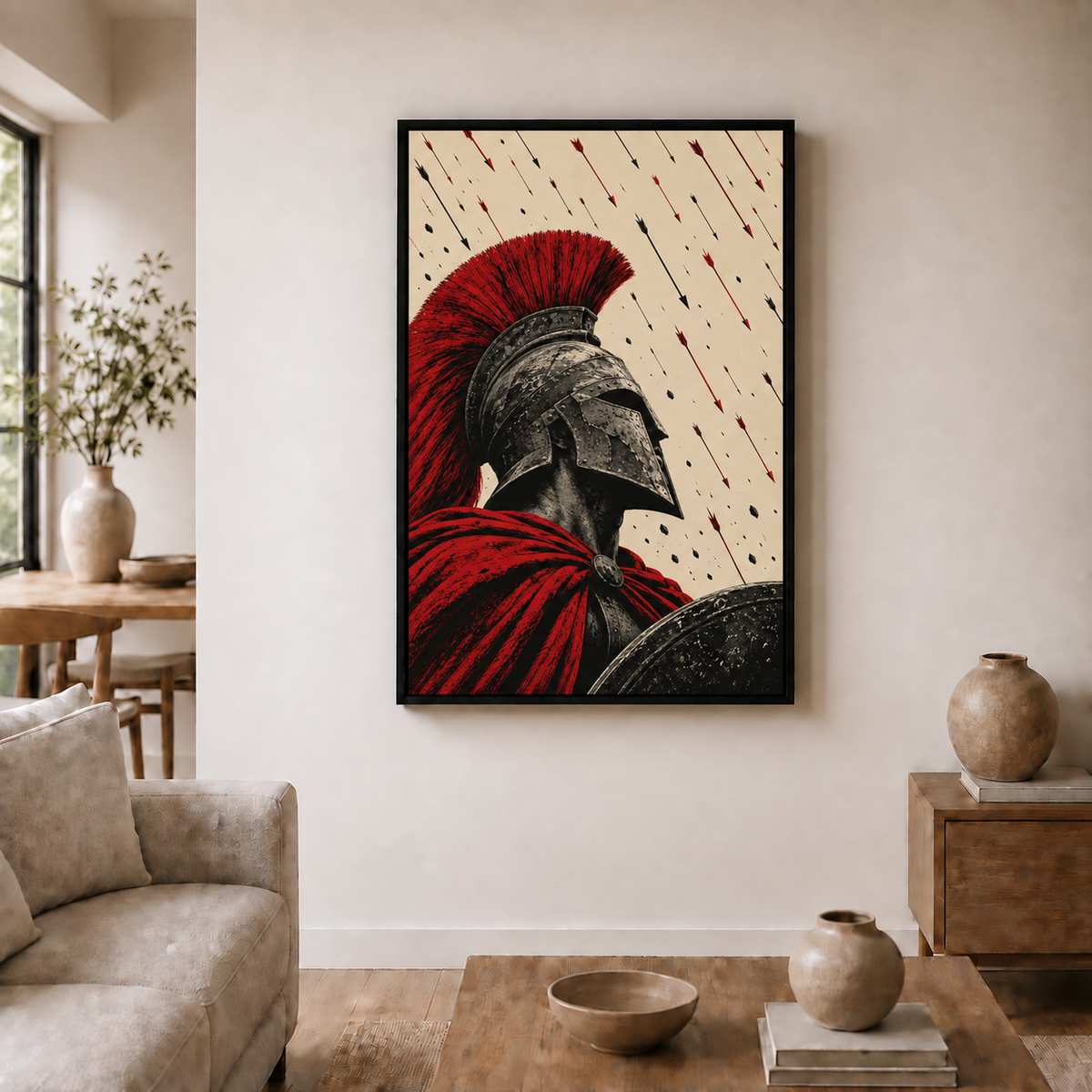 red crest warrior beneath a rain of arrows in black frame room scene
