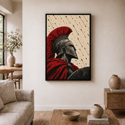 red crest warrior beneath a rain of arrows in black frame room scene