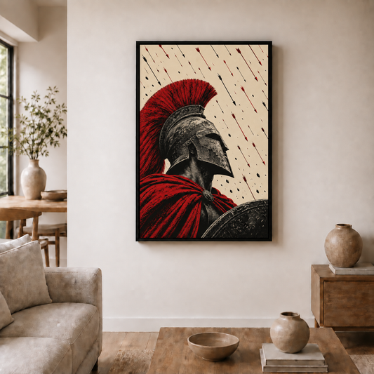 red crest warrior beneath a rain of arrows in black frame room scene