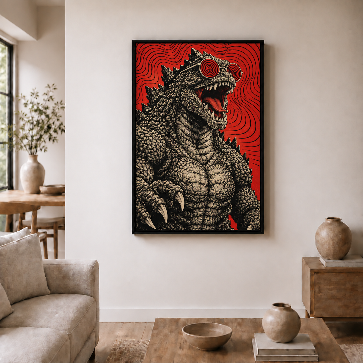 original kaiju wearing red spiral glasses in black frame room scene