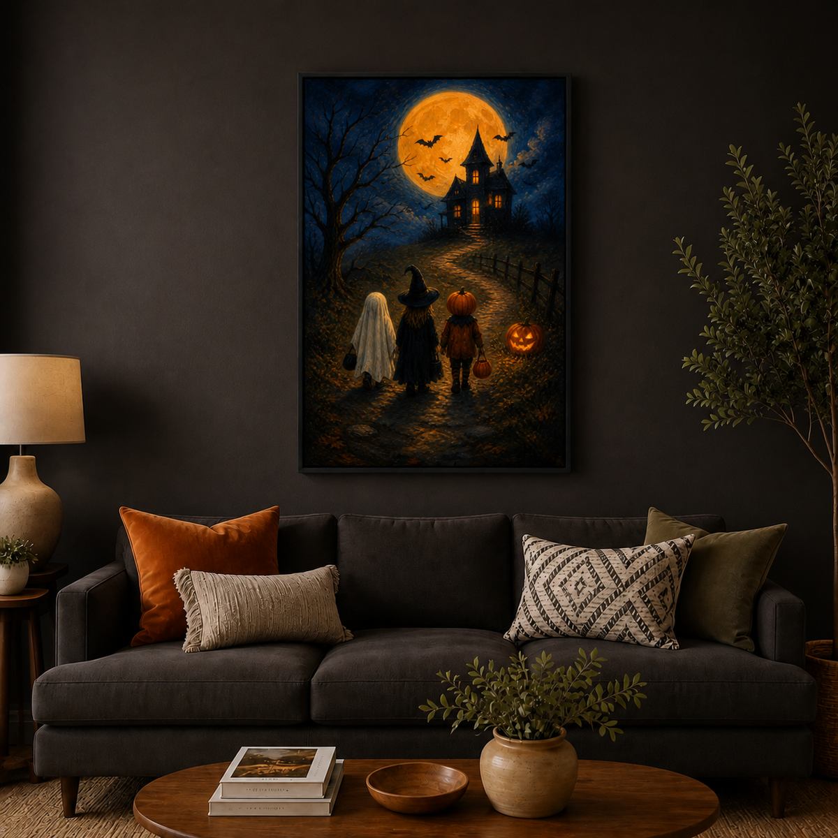 Trick or Treat Haunted House Halloween Canvas Wall Art - Black Frame wall scene primary