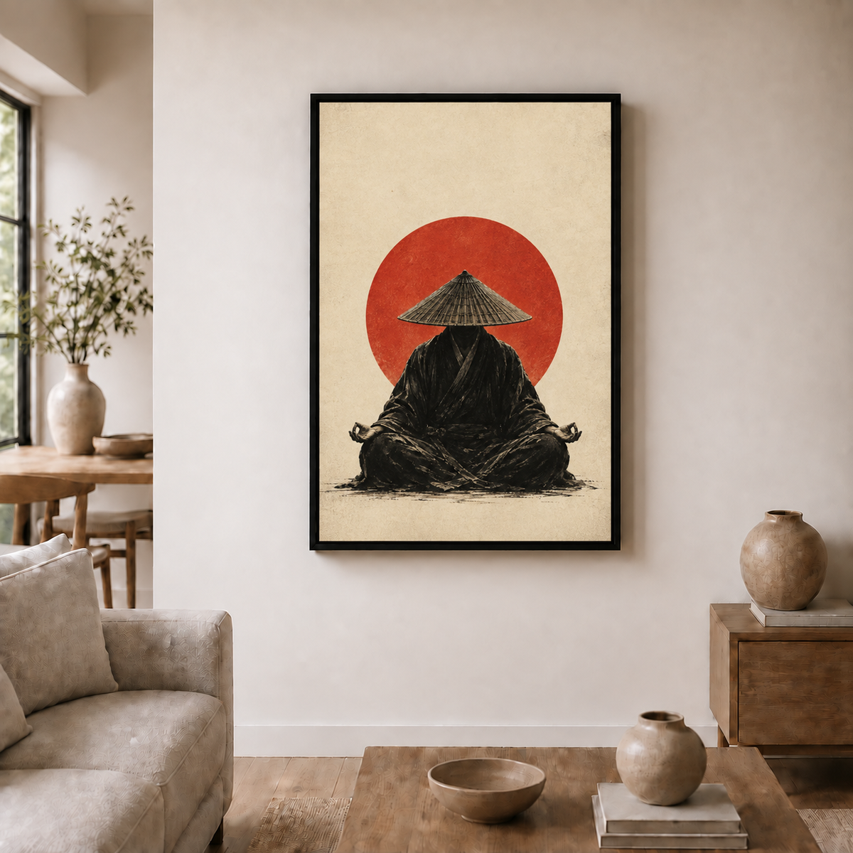 meditating monk before a red sun in black frame room scene