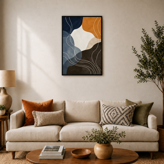 Navy Caramel Organic Contour Canvas Wall Art - Black Frame wall scene primary