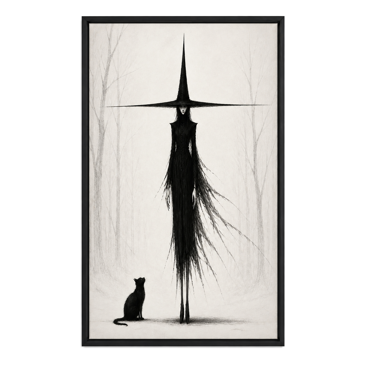 Tall Witch and Black Cat Monochrome Canvas Wall Art - Black Frame white background SKU