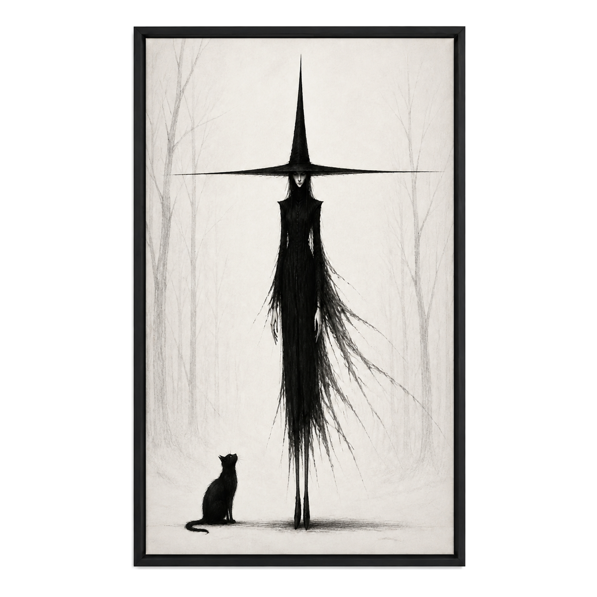 Tall Witch and Black Cat Monochrome Canvas Wall Art - Black Frame white background SKU