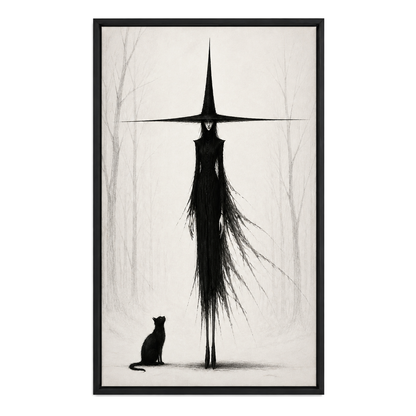 Tall Witch and Black Cat Monochrome Canvas Wall Art - Black Frame white background SKU
