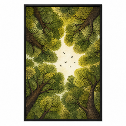 Forest Canopy Birds Floating Frame Wall Art - Black Frame white background SKU