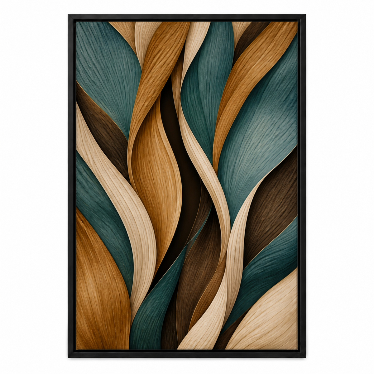 Woven Ribbon Leaves Canvas Wall Art - Black Frame white background SKU