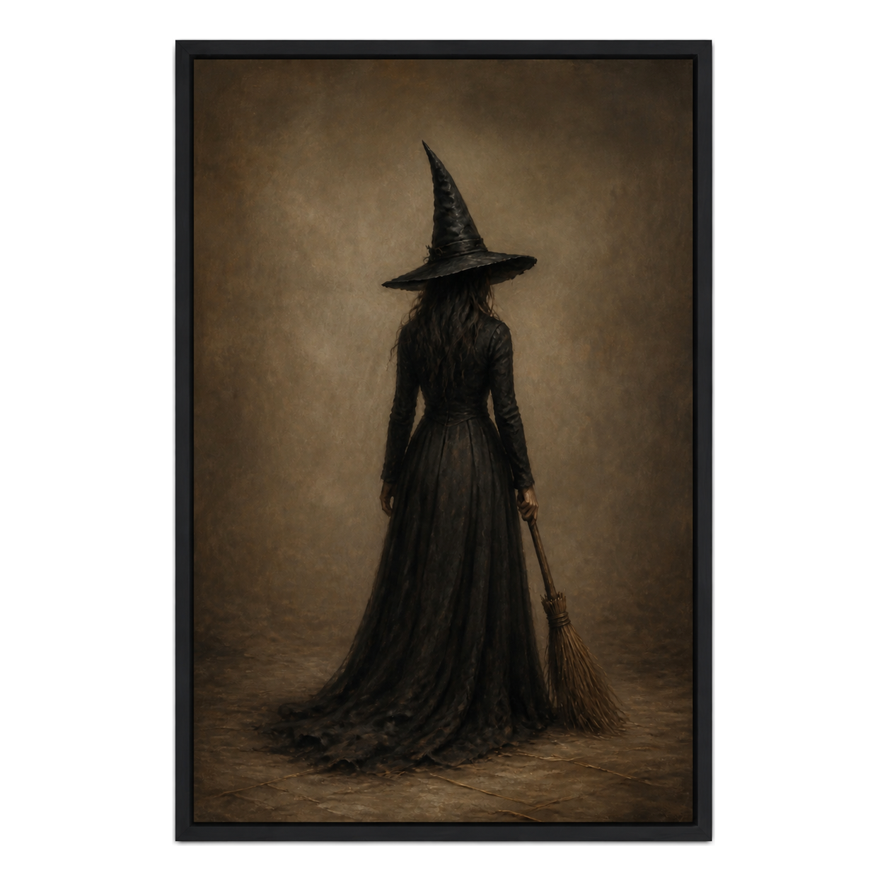 Lone Witch with Broom Dark Fantasy Canvas Wall Art - Black Frame white background SKU