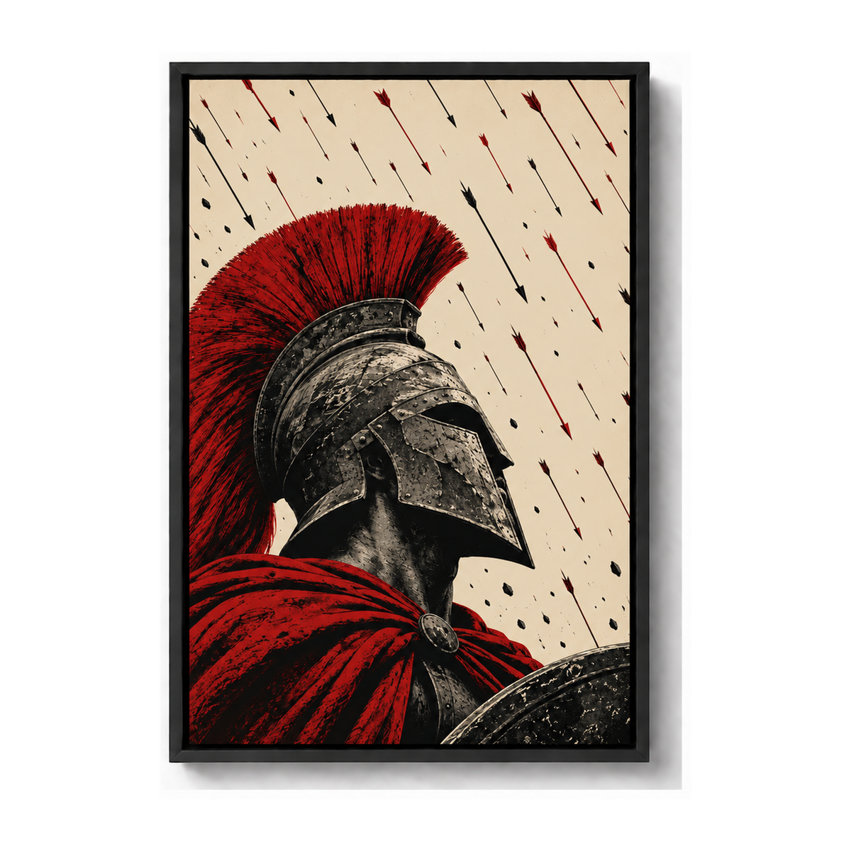 red crest warrior beneath a rain of arrows black frame canvas print