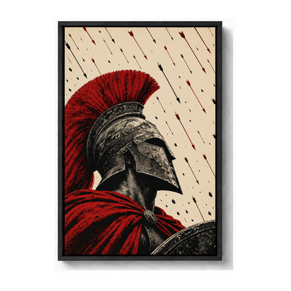 red crest warrior beneath a rain of arrows black frame canvas print