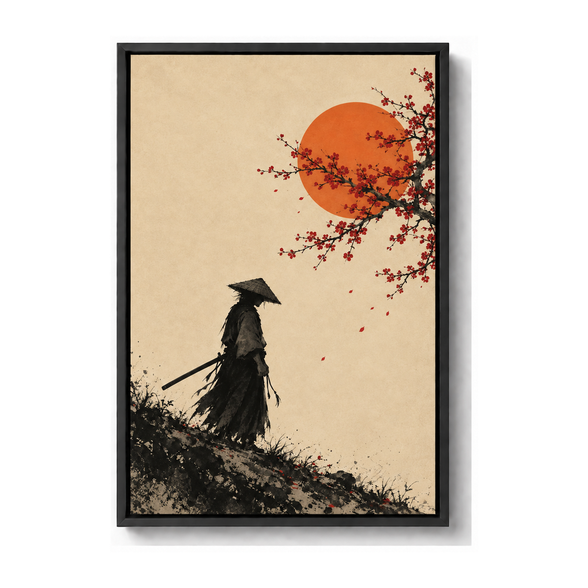 wandering samurai beneath cherry blossoms and sun black frame canvas print