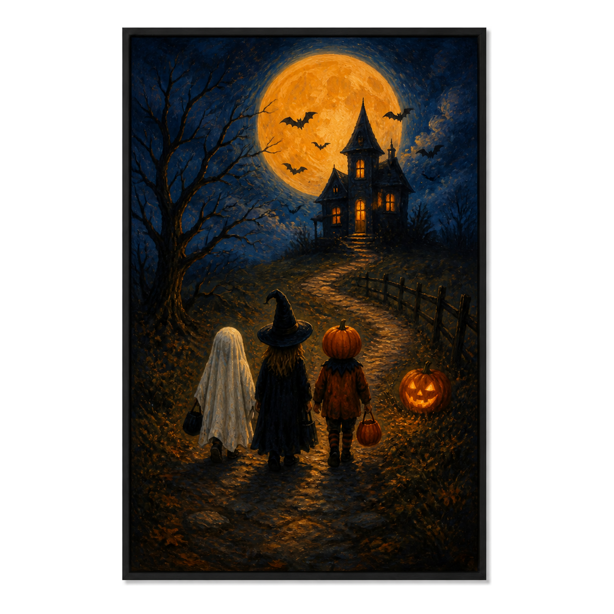 Trick or Treat Haunted House Halloween Canvas Wall Art - Black Frame white background SKU