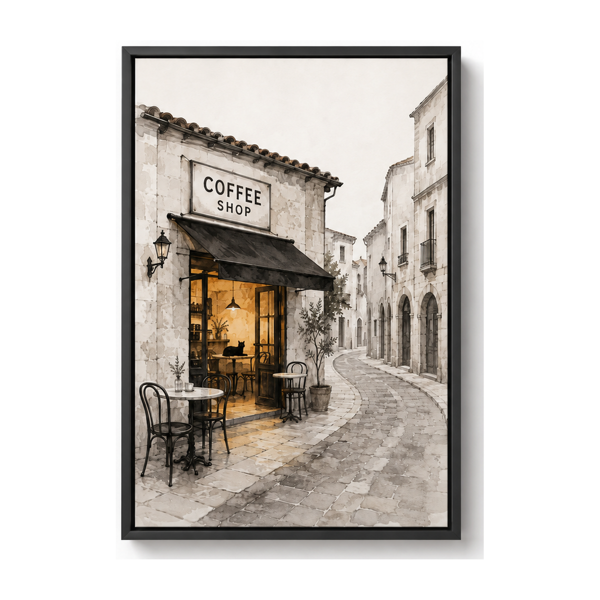 European Coffee Shop Alley Watercolor Canvas Wall Art with black floater frame — styled room view, image 2