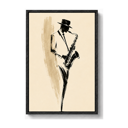 Minimal Saxophonist Ink Brush Canvas Wall Art with black floater frame — styled room view, image 2