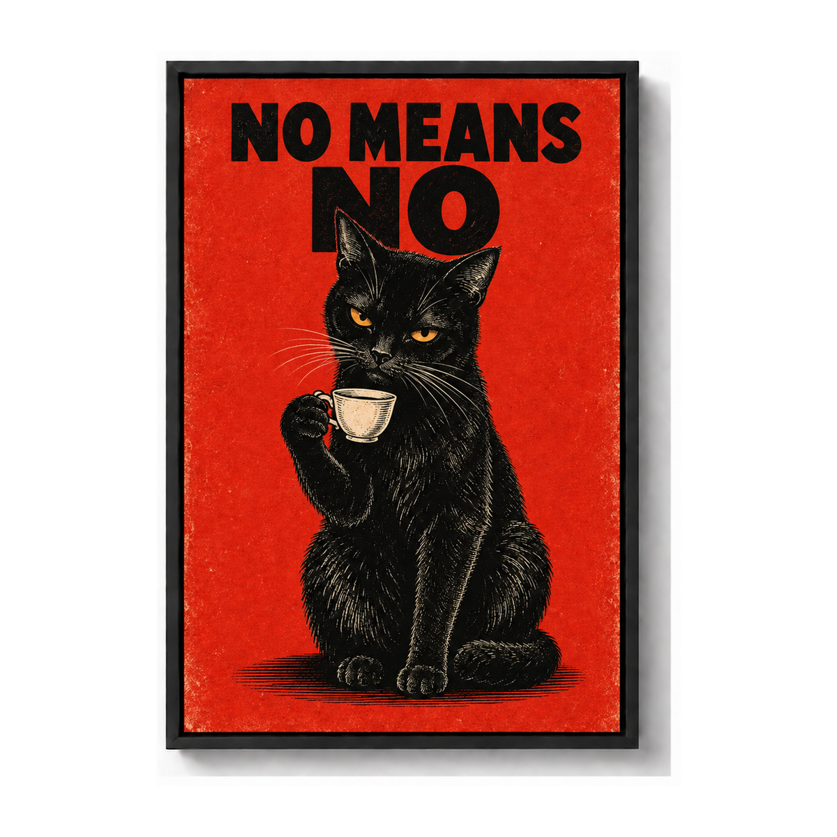 NO MEANS NO black cat artwork black frame canvas print