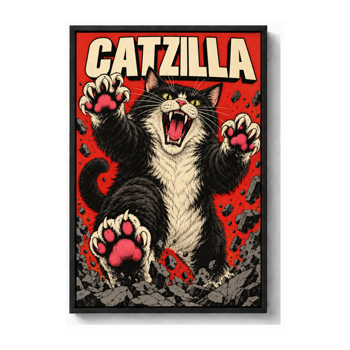 CATZILLA cat kaiju in comic city scene black frame canvas print