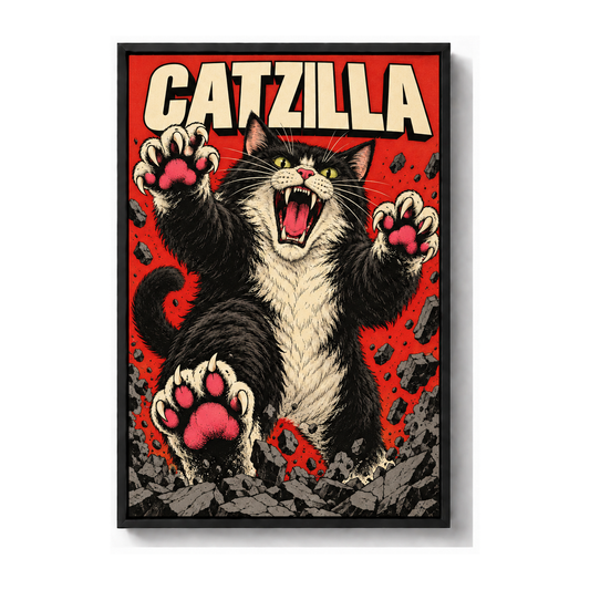CATZILLA cat kaiju in comic city scene black frame canvas print