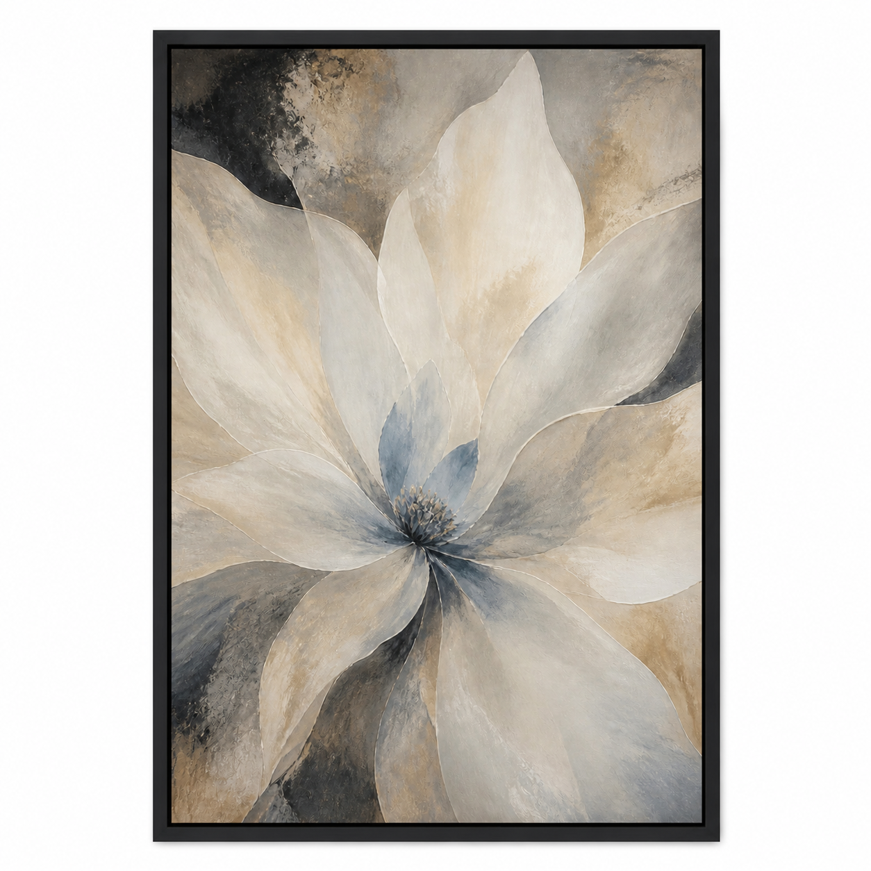 Neutral Abstract Flower Floating Frame Wall Art - Black Frame white background SKU