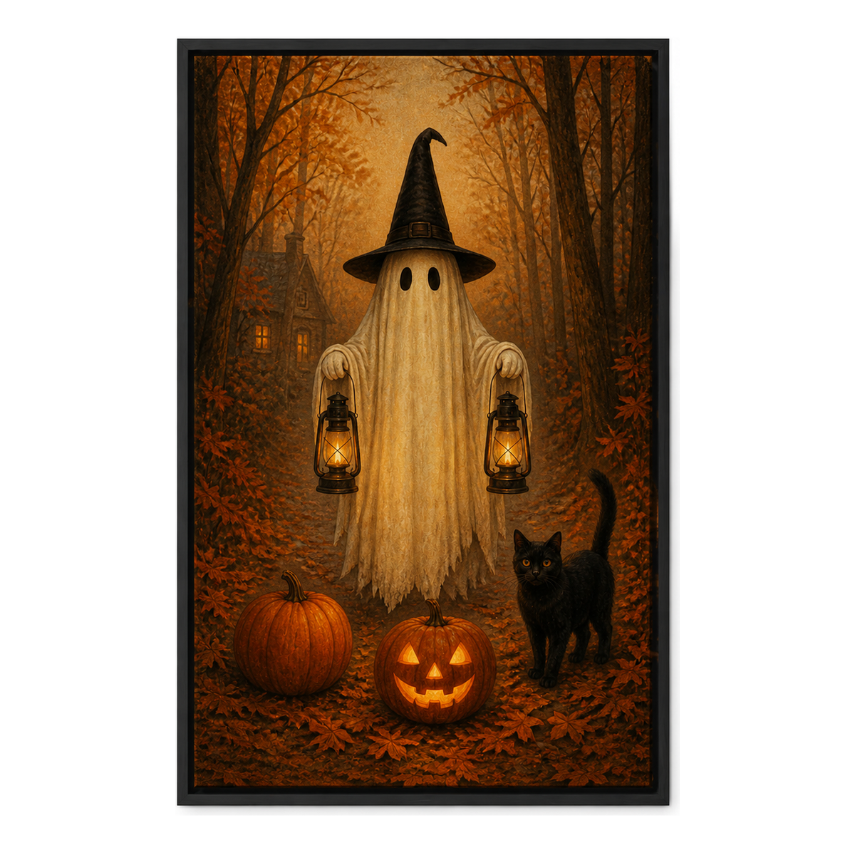 Ghost Lanterns and Black Cat Halloween Canvas Wall Art - Black Frame white background SKU