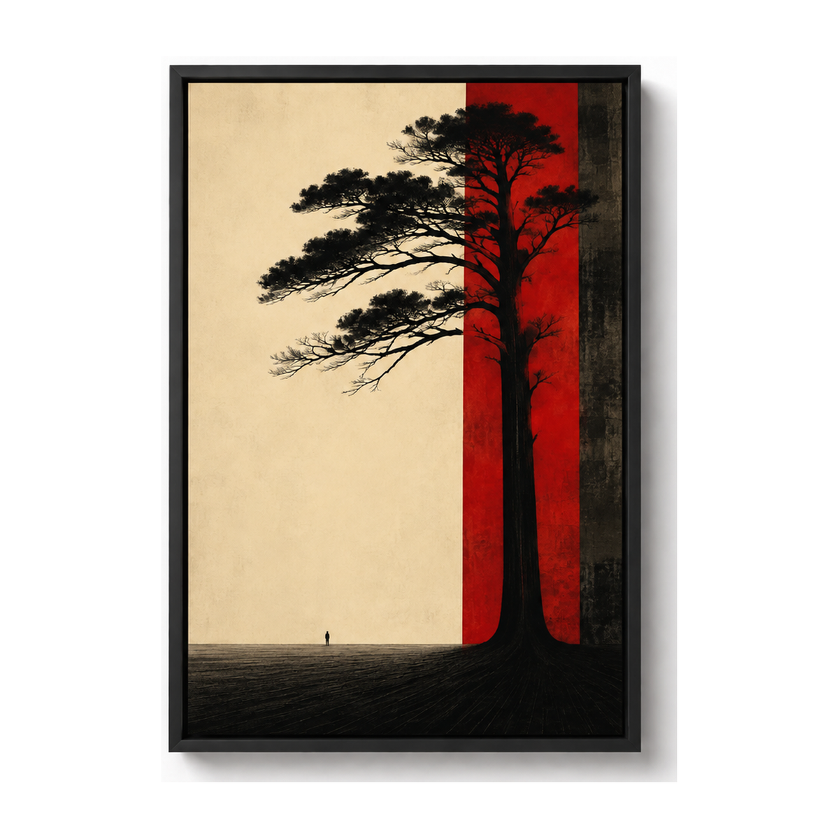 Red Band Solitary Tree Surreal Canvas Wall Art with black floater frame — styled room view, image 2