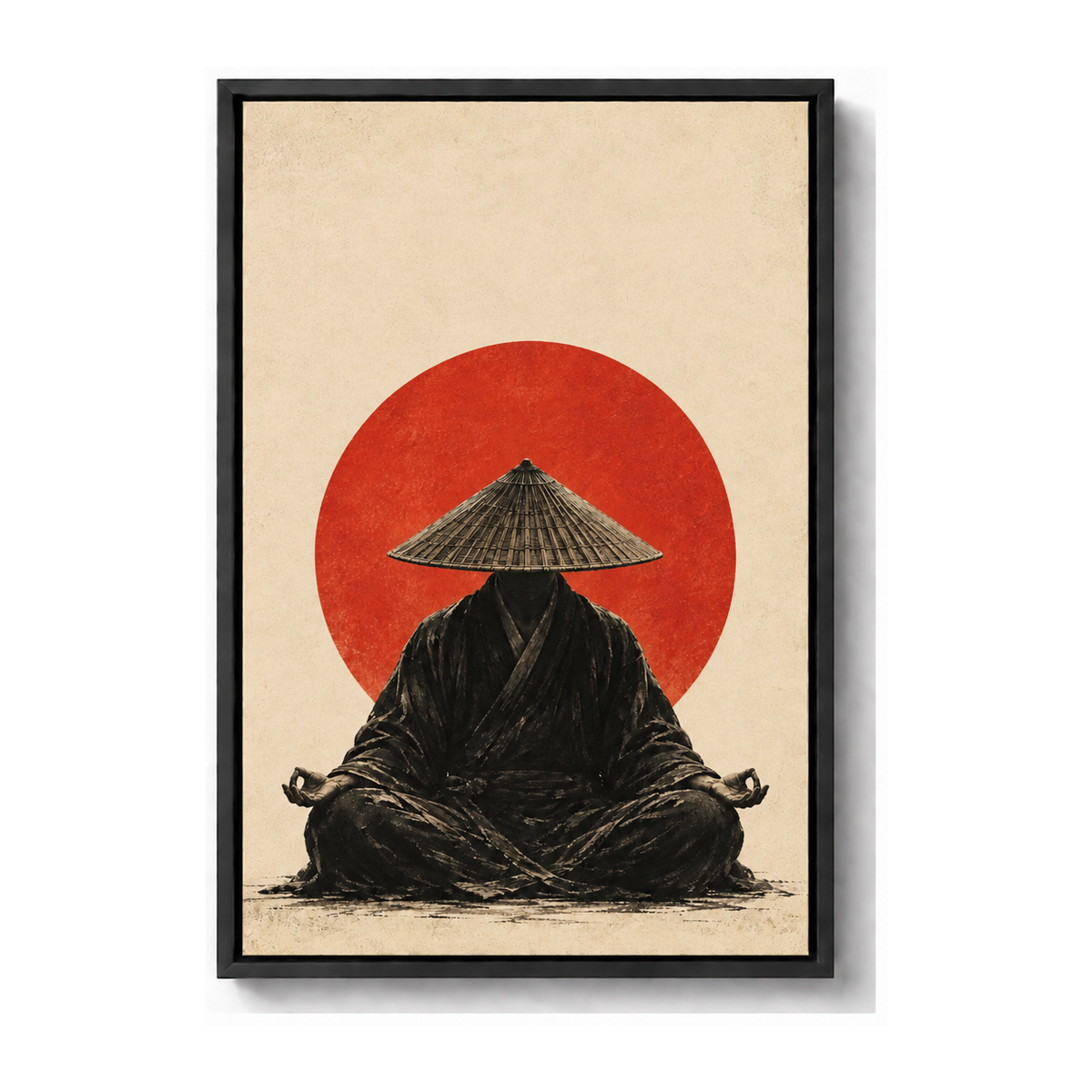 meditating monk before a red sun black frame canvas print