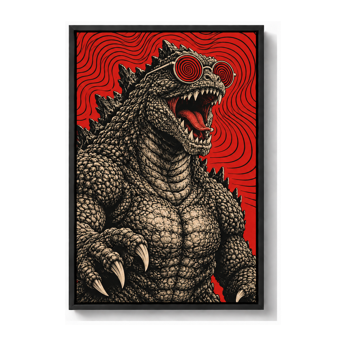 original kaiju wearing red spiral glasses black frame canvas print