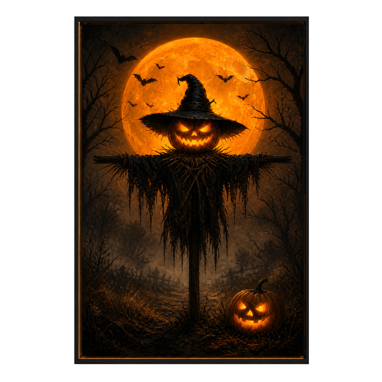 Angry Pumpkin Scarecrow Halloween Canvas Wall Art - Black Frame white background SKU