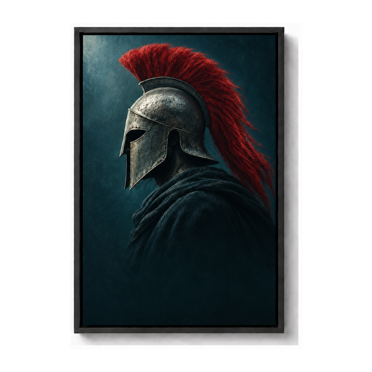 silver helmet warrior with red crest black frame canvas print