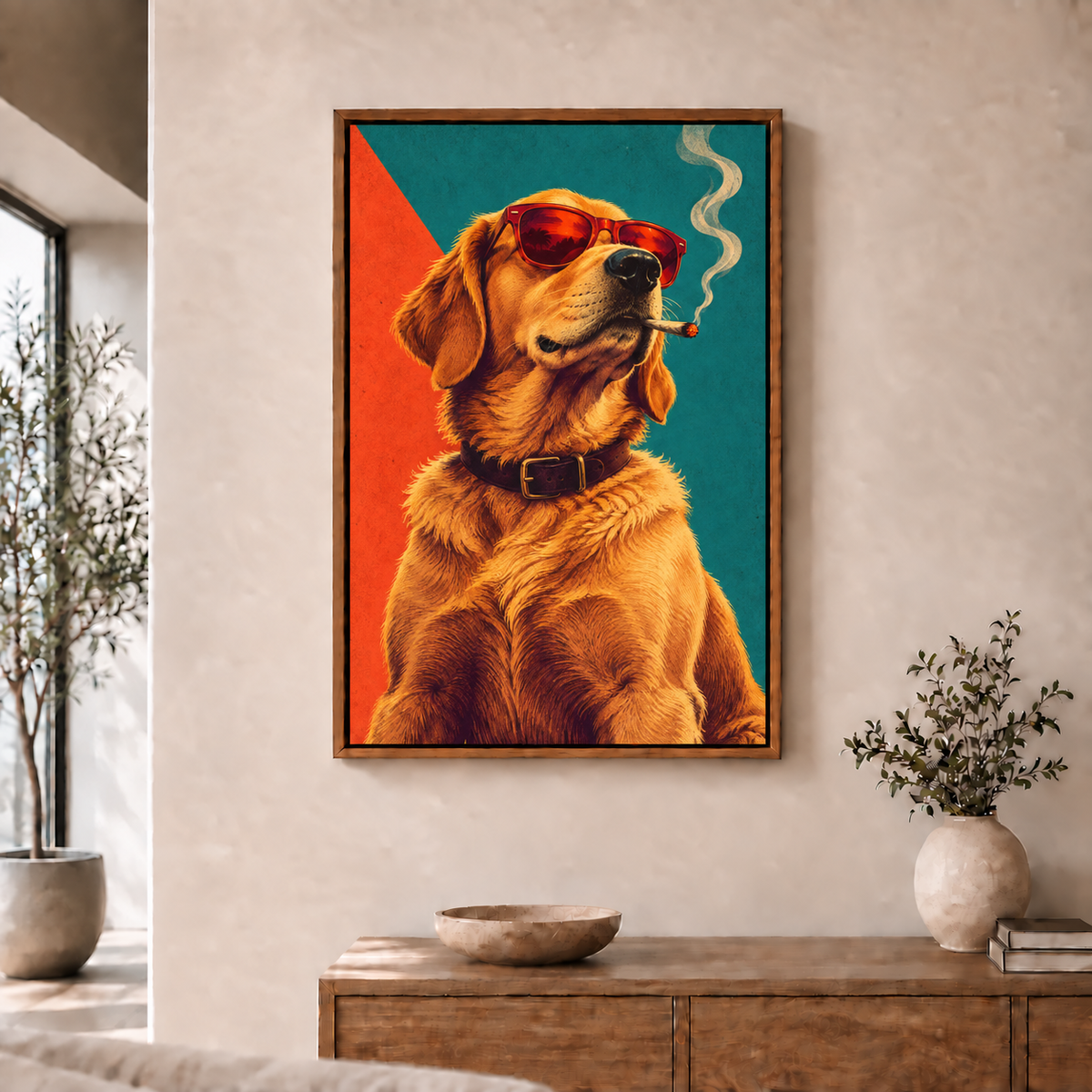 cool golden dog wearing sunglasses in brown frame room scene