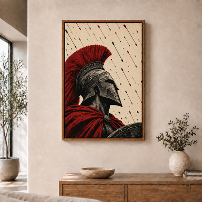 red crest warrior beneath a rain of arrows in brown frame room scene