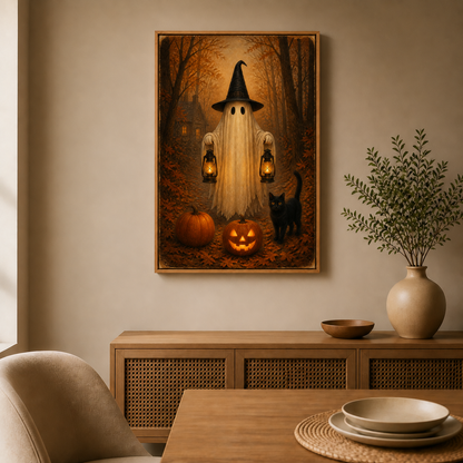 Ghost Lanterns and Black Cat Halloween Canvas Wall Art - Brown Frame wall scene