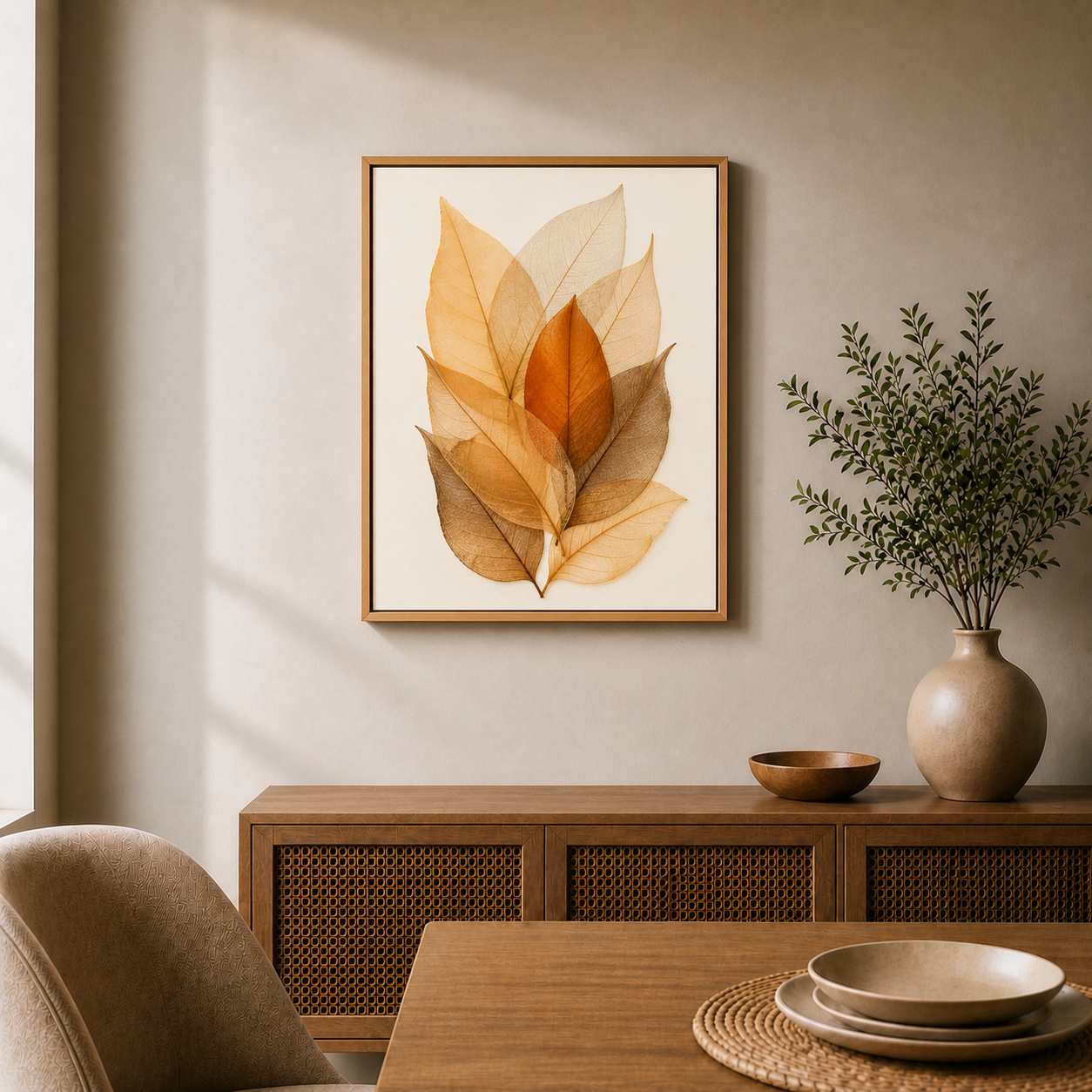 Amber Skeleton Leaves Canvas Wall Art - Brown Frame wall scene