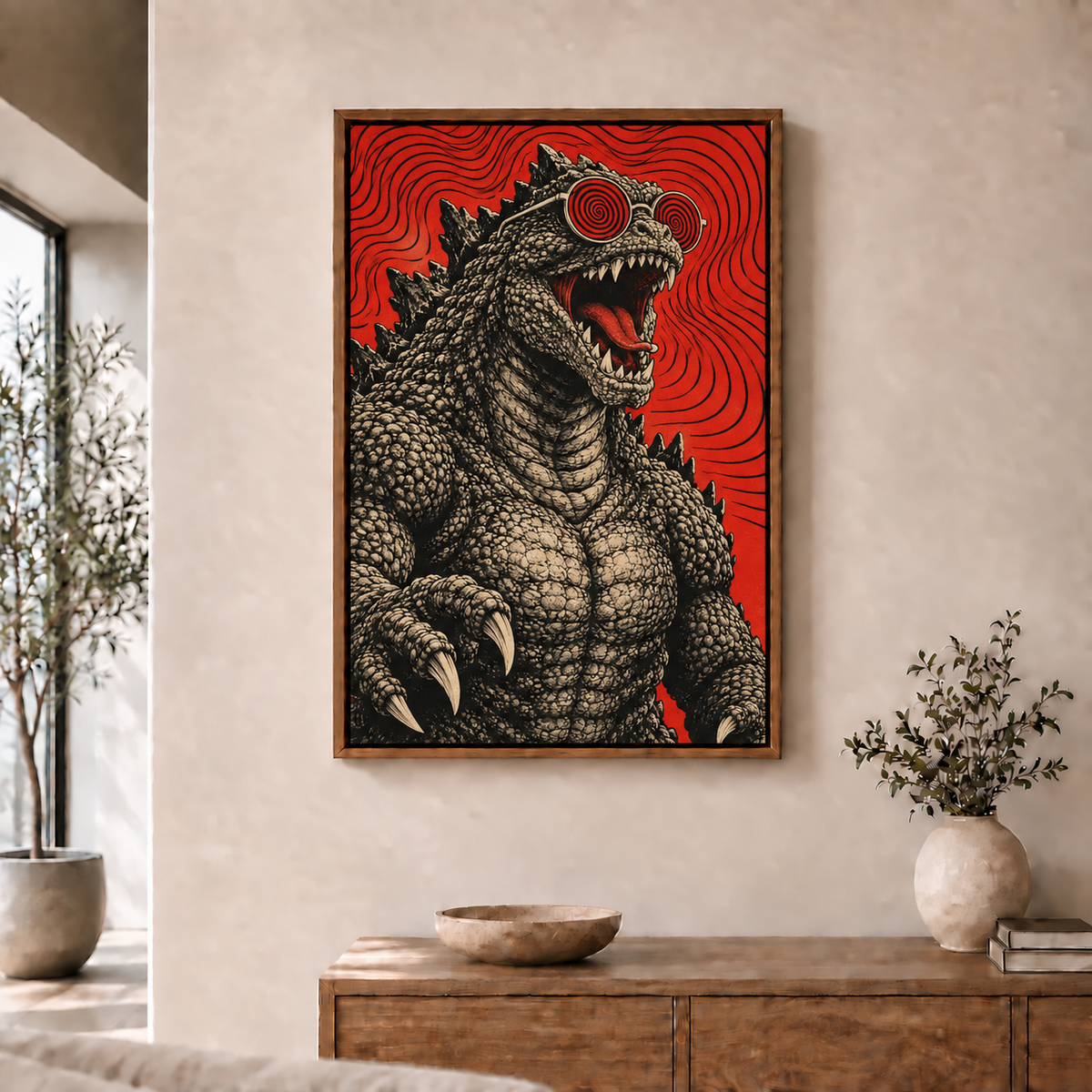 original kaiju wearing red spiral glasses in brown frame room scene