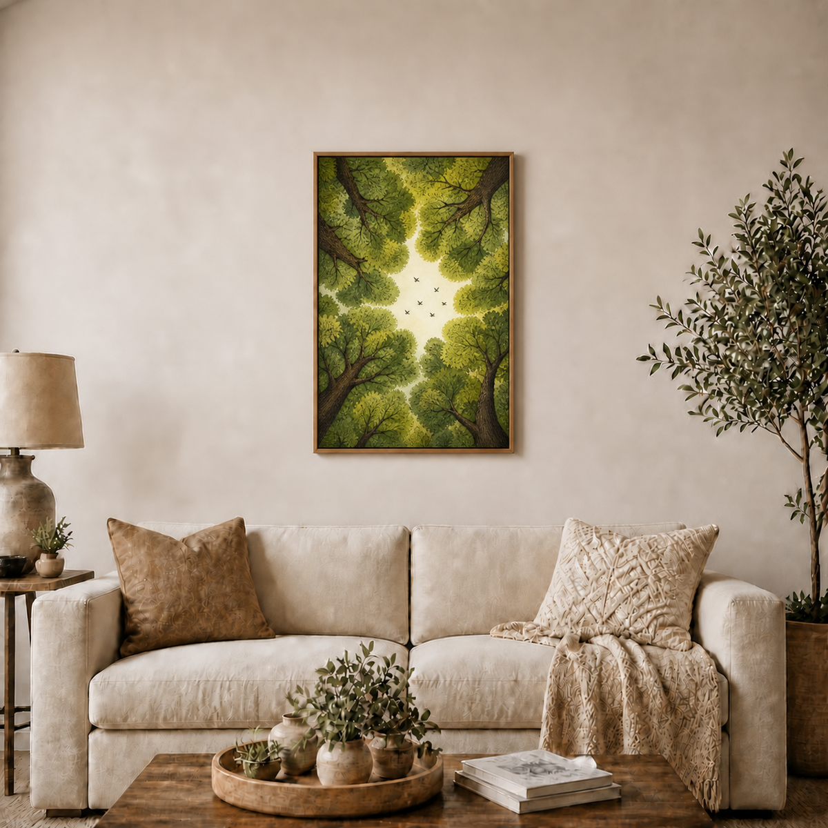 Forest Canopy Birds Floating Frame Wall Art - Brown Frame wall scene