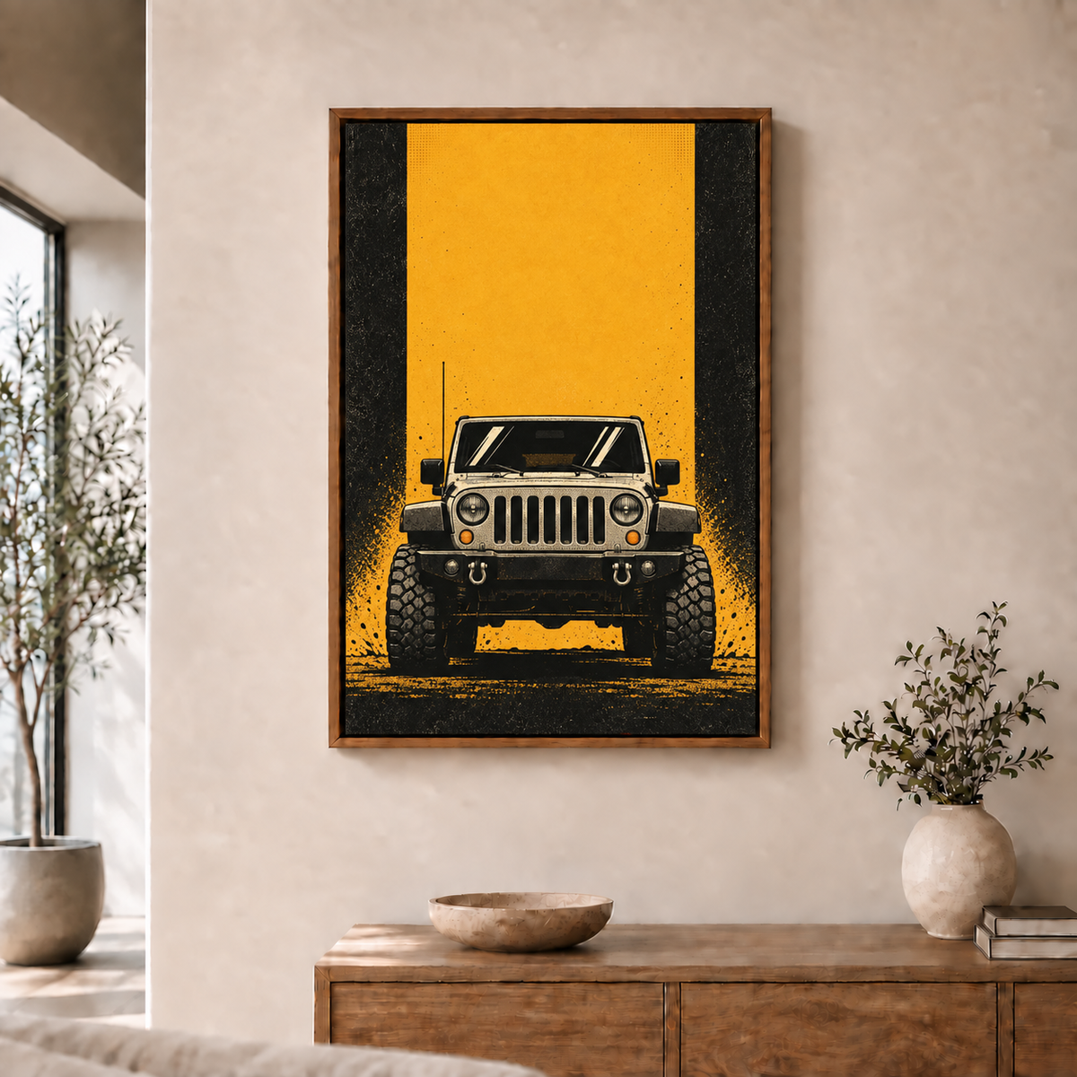 front-view retro off-road SUV in brown frame room scene
