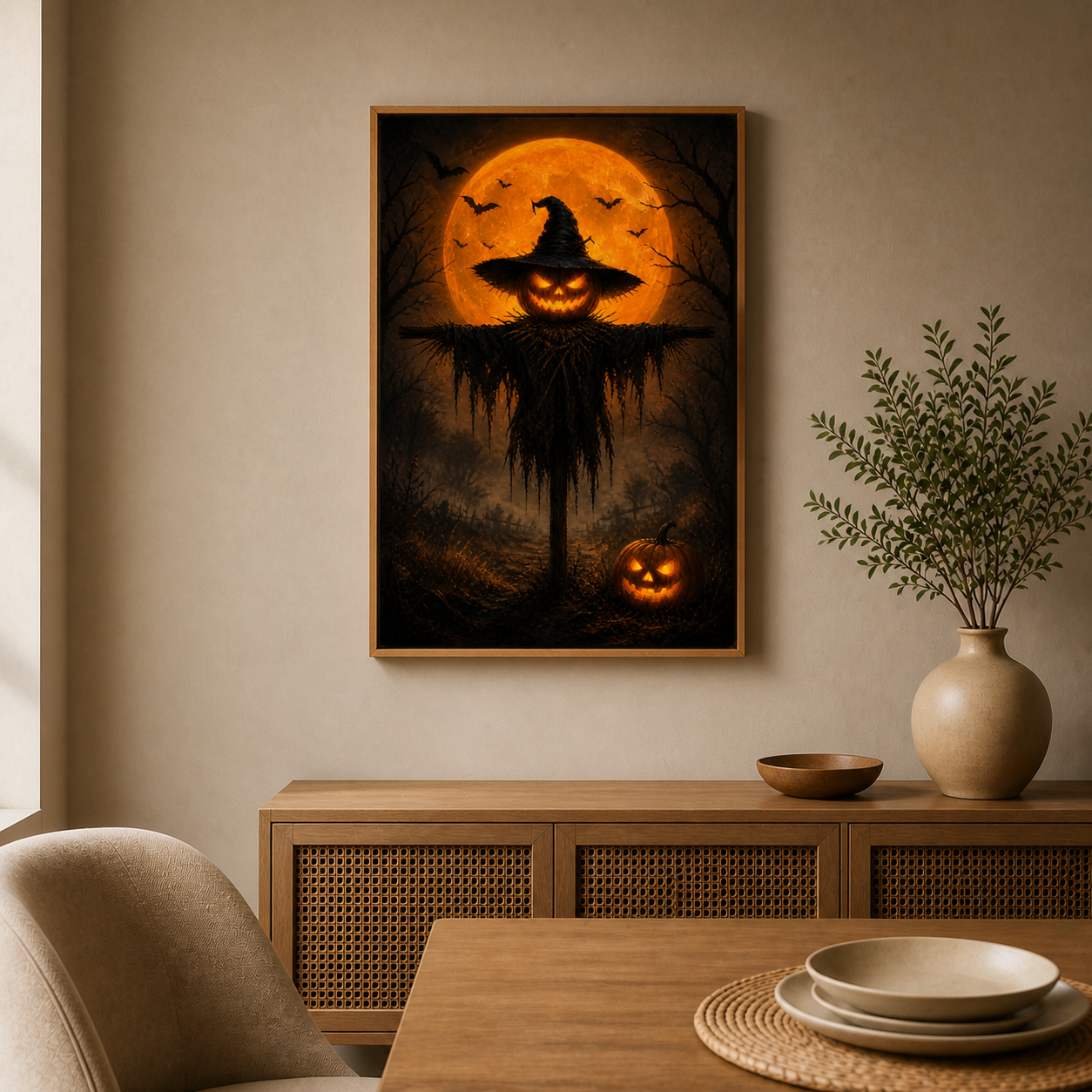 Angry Pumpkin Scarecrow Halloween Canvas Wall Art - Brown Frame wall scene