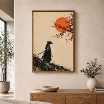 wandering samurai beneath cherry blossoms and sun in brown frame room scene