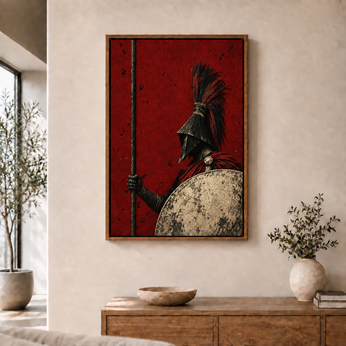 classical guardian with crimson shield in brown frame room scene